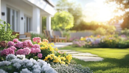 Sunny, vibrant garden surrounds a modern home.  A beautiful landscape of flowers,  patio furniture, and manicured lawn