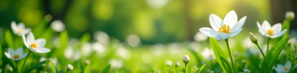 Delicate white flowers in full bloom in a lush garden setting with soft natural light streaming in, soft, garden