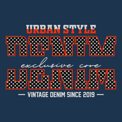 Urban style denim vintage exclusive core typography with dotted bold letter design for apparel vector