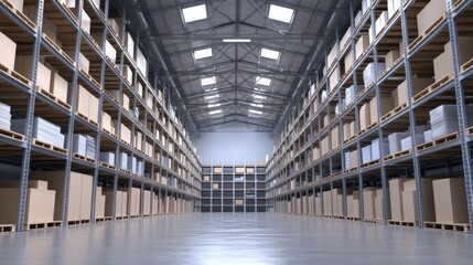 Fototapeta premium Interior of a large warehouse with high ceilings and empty storage racks.