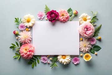 Mock up image of paper and flowers on plain background