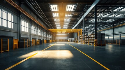 Fototapeta premium Interior of a large warehouse with high ceilings and empty storage racks.