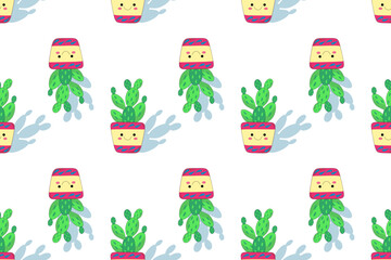 Fun botanical seamless single element pattern. Smiling green cactus in  flower pot casts  shadow on  white background. For packaging, textiles, wallpaper, website. Flat cartoon design.