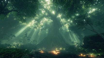 Obraz premium Sunbeams illuminate a mystical forest with a giant tree.
