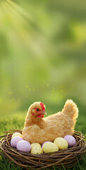 Easter Hen broody with easter Eggs in wicker nest on green nature background, empty copy space for text, realistic photo.