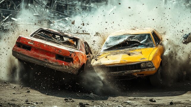Rusty cars crash in junkyard demolition derby