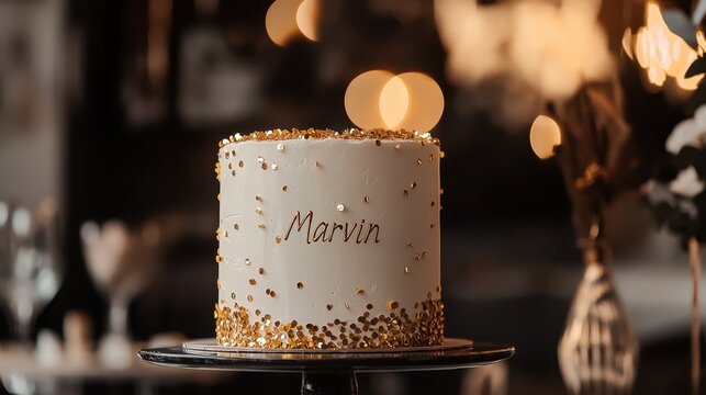 National Marvin Day Elegant celebration cake with gold accents and name inscription