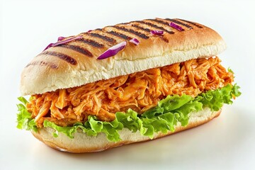 Delicious pulled chicken sandwich with green leaf lettuce and purple onion on white background