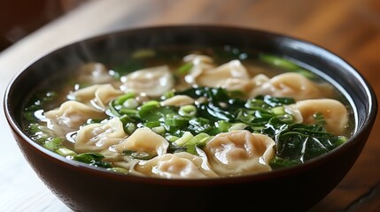 A steaming bowl of wonton soup, where delicate wonton wrappers held a savory broth filled with juicy pork, and bok choy is bright green leaves added a burst of freshness, a perfect comfort food.