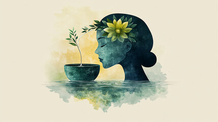 Minimalist illustration of a person pouring water into their head like a flower pot