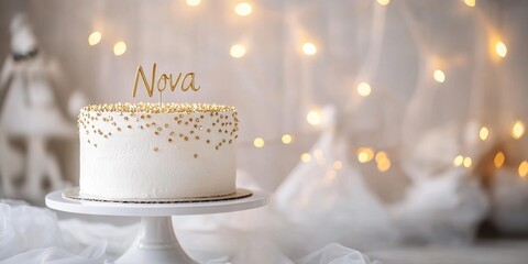 National Nova Day. Elegant white birthday cake with gold pearls and custom topper