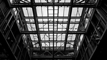 Metal roof trusses of a factory warehouse, exposed for construction.