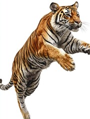 Obraz premium A large orange tiger with black stripes jumping aggressively upwards