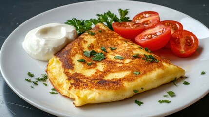 Golden Cheese Pancake with Fresh Tomatoes Cream and Parsley  A Delicious Breakfast Ready to Eat