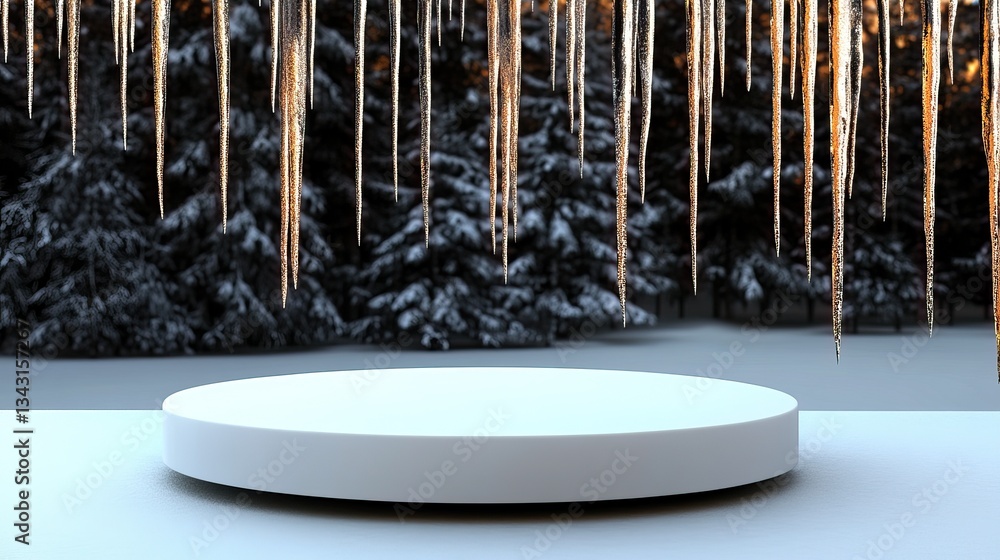 Poster a winter scene featuring a circular platform beneath icicles, surrounded by snow-covered trees, crea