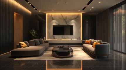 Interior design concept featuring a contemporary living room with sophisticated track LED lighting on the walls and ambient ceiling spotlights.