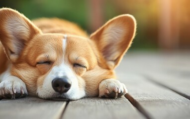 Obraz premium A peaceful corgi dog rests on wooden planks, exuding tranquility and comfort in a sunny outdoor setting.