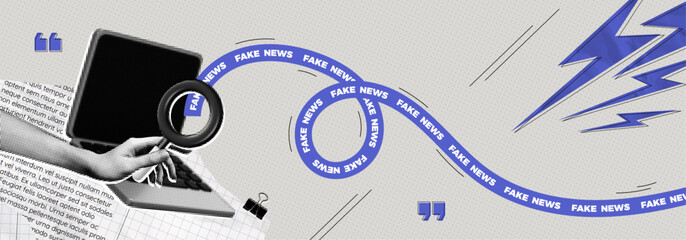 Trendy Halftone Collage Fake news concept. Spreading false information on website. Social media propaganda or disinformation. Hand holding magnifier glass. Contemporary vector illustration art