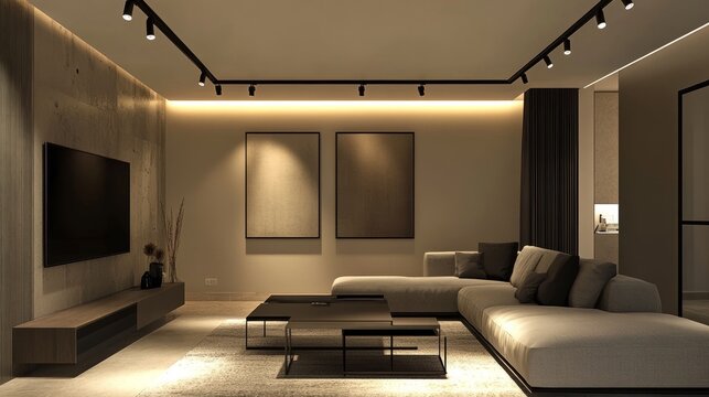 Modern living room with a sleek wall-mounted track LED lighting system and ceiling spotlights, creating a warm, ambient glow. Stylish and contemporary decor