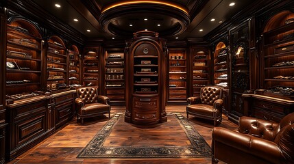 A sophisticated cigar humidor room with cedar-lined walls, temperature control, and leather armchairs for lounging