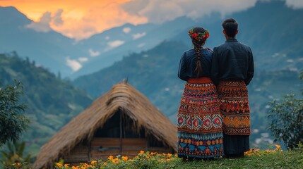 Hmong couple in traditional dress standing together on a mountaintop looking out over their village with a sense of pride and belonging captured with prime lens