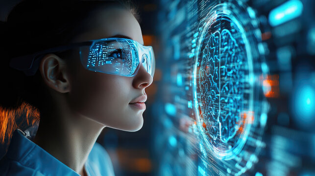 Female scientist analyzing a holographic digital brain interface, exploring AI, neural connections, and futuristic advancements in neuroscience and cognitive research.banner