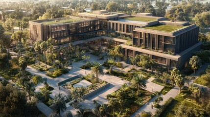 Fototapeta premium Modern eco-friendly campus building with green roof and lush landscape