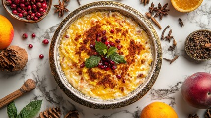 Creamy asure dessert in decorated bowl with autumn fruits spices and festive background delicious traditional treat