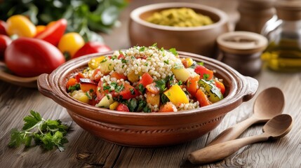 Appetizing couscous salad with colorful vegetables in rustic bowl on weathered wooden table ready to serve