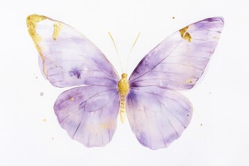 Obraz premium Lavender butterfly watercolor art, gold accents, white background, nature design.