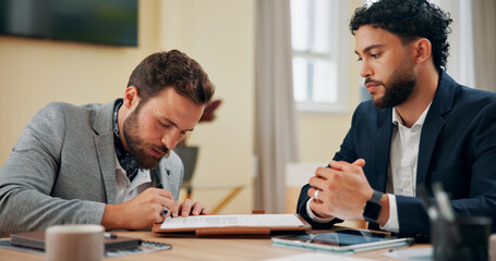 Contract, finance and signature with business men in office together for consulting or feedback. Agreement, collaboration or documents with client and financial advisor in workplace for investment