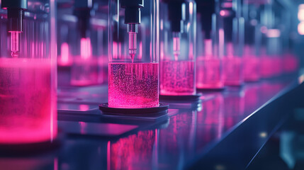 Close-up of test tubes filled with pink liquid in a futuristic laboratory, representing biopharmaceutical research, chemical innovation, and advanced medical technology