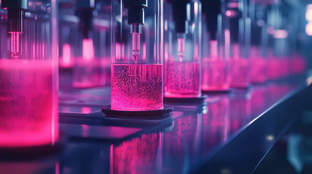 Close-up of test tubes filled with pink liquid in a futuristic laboratory, representing biopharmaceutical research, chemical innovation, and advanced medical technology