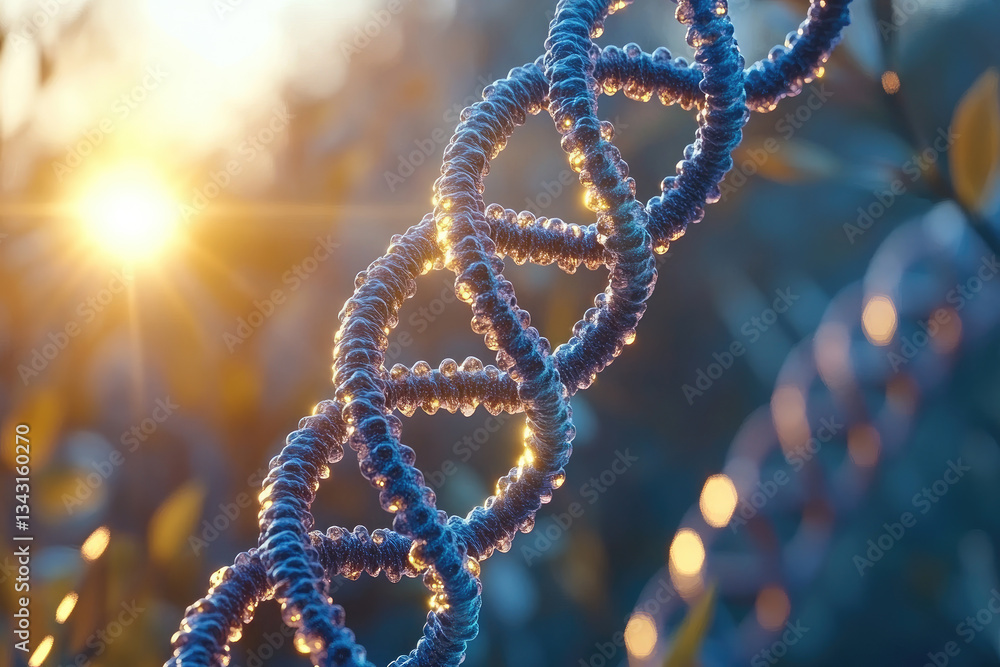 Poster futuristic digital visualization of a glowing dna double helix floating in cosmic space,representing