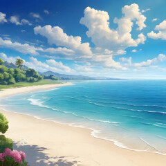 Stunning beach with golden sands, crystal-clear sea, gentle waves, and a serene tropical breeze.