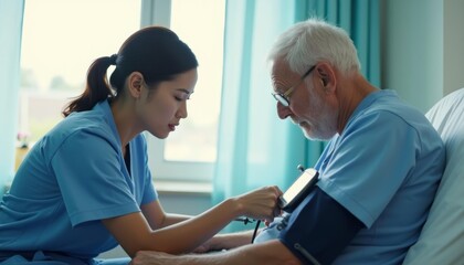 Obraz premium Nurses measure blood pressure for elderly people