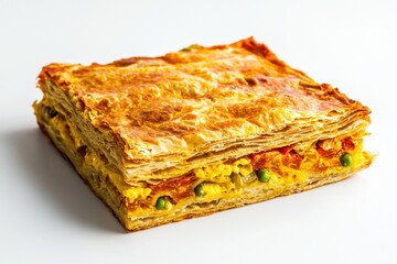 Delicious savory puff pastry with vegetable filling layered treat on a clean bright white table top background closeup shot