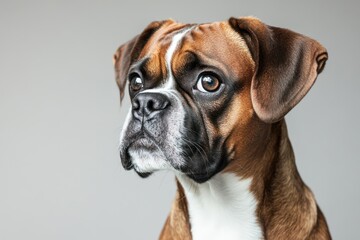 Boxer dog portrait, studio shot, grey background, pet photography, website banner