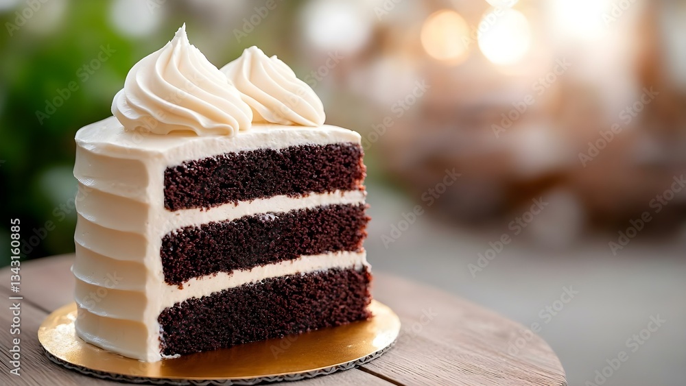 Poster a slice of chocolate cake with layers of chocolate sponge and frosting, elegantly displayed on a woo