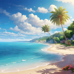Stunning beach with golden sands, crystal-clear sea, gentle waves, and a serene tropical breeze.