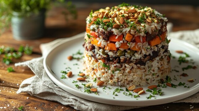 Delicious maqluba dish featuring rice vegetables and almonds on a rustic wooden table top presentation cuisine
