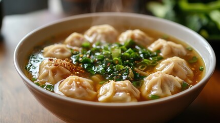 A steaming bowl of wonton soup, its broth rich and aromatic, garnished with vibrant bok choy, each bite a symphony of textures and flavors.
