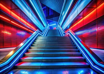 Obraz premium Futuristic Red Blue Lit Steps Urban Exploration Photography - Modern Architecture Interior
