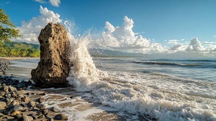 Waves crashing against rock on a tropical beach with clear blue sky and clouds
