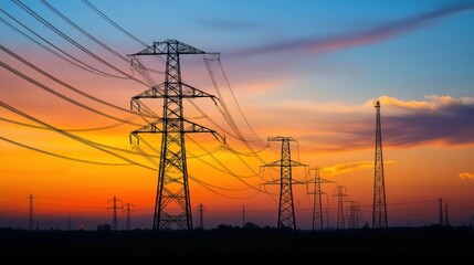 Power plant transmission lines being installed with towering pylons in the distance.