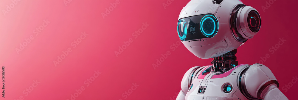 Poster futuristic humanoid ai robot with glowing cybernetic head and long hair, representing artificial int