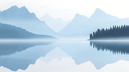 Serene Mountain and Lake Reflections in Soft Pastel and Blue Hues
