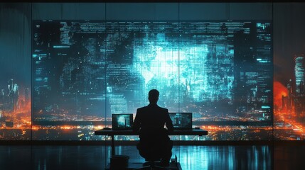 Silhouette of a person analyzing global digital data on futuristic screens