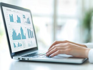 A person analyzing data on a laptop, viewing various charts and graphs, indicating a focus on analytics and reporting.