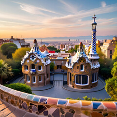 Obraz premium Barcelona cityscape from Park Guell at sunrise showcasing colorful mosaic architecture and stunning views